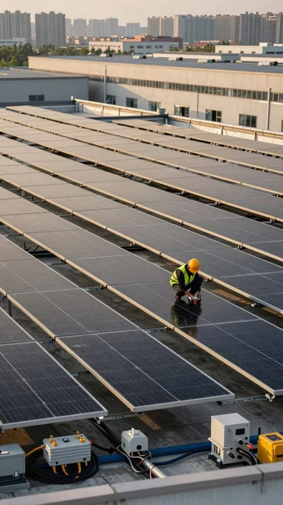 Technician inspecting a commercial rooftop solar installation