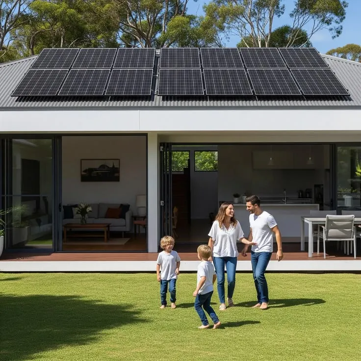 Family in front of their home with solar panels on the roof